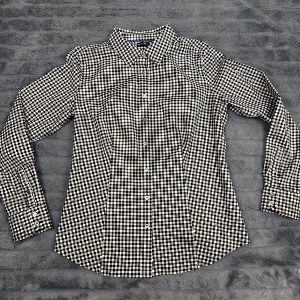 Talbots Womens Gingham Plaid Metallic Wrinkle Resistant Button Down Shirt Size 4